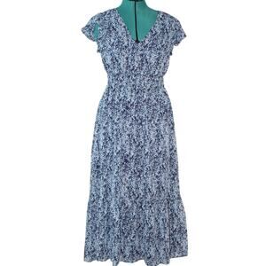 NWT Nicole Miller New York Blue Floral Midi Dress Smocked Waist Size Small